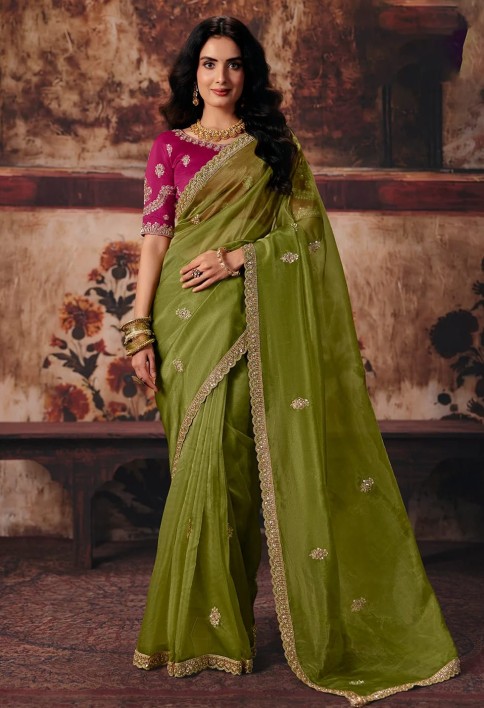 Green & Pink Designer Style Festive Wear Saree